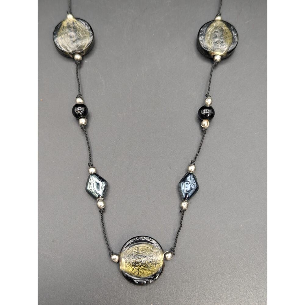 Vintage Glass Bead & Black Nylon Rope Long Stack Necklace